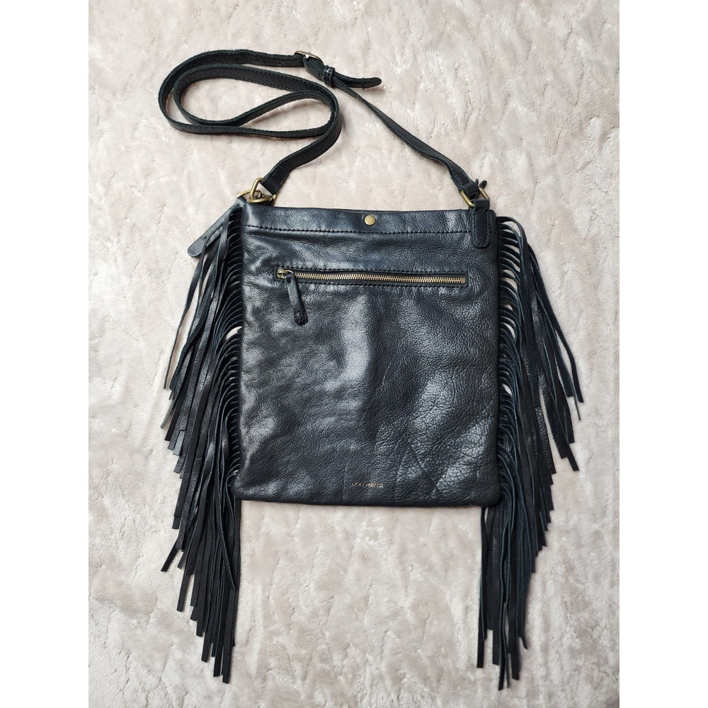 Lucky Brand Large Black Fringe Boho Crossbody Purse 100% Leather Handbag